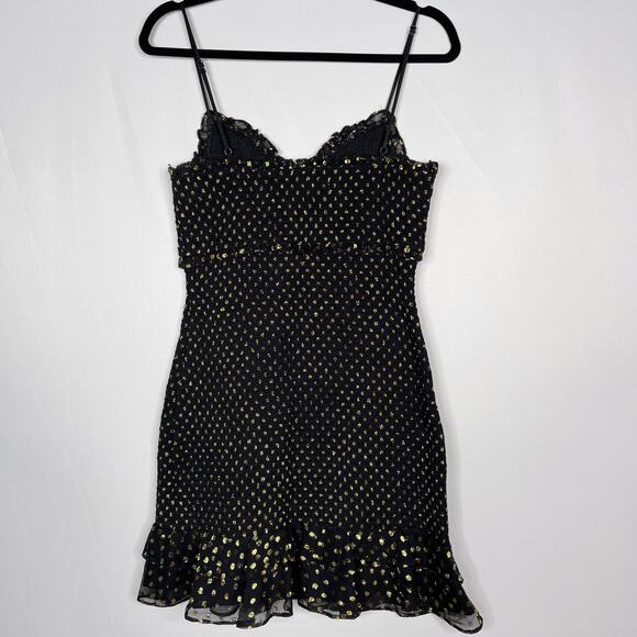 Likely Size 10 Black Gold Zephra Metallic Dot Print Ruffle Mini Dress Cocktail - Picture 2 of 12